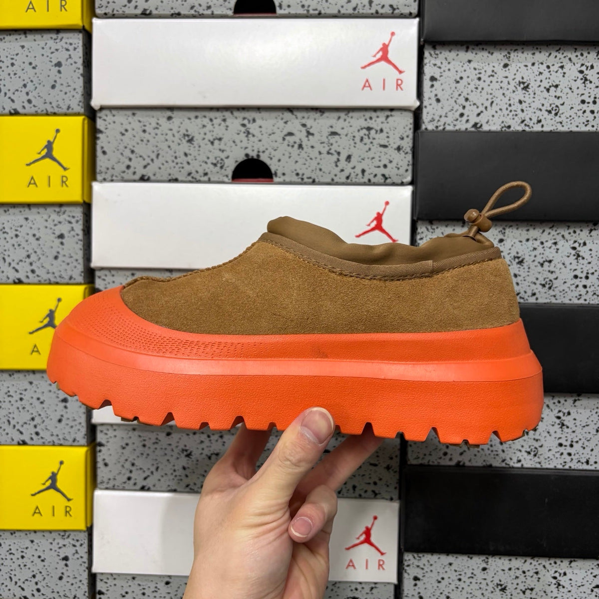 UGG Tasman X Platform Slip-On – Suede Clog with Shearling Lining, Paracord Toggle & Bold Orange Chunky Platform Sole in Chestnut