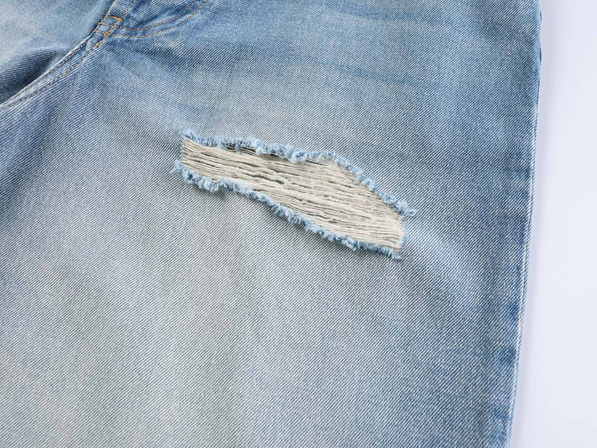 Acne Studios Heavy‑Ripped Distressed Washed Denim Wide‑Leg Jort Shorts
