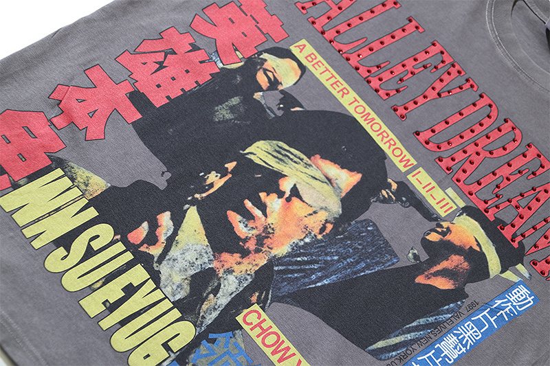 VALE USA Washed Gray Rhinestone Graphic T-Shirt