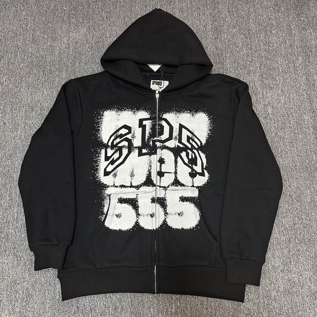 Sp5der Distressed Front Graphic Zip-Up Hoodie
