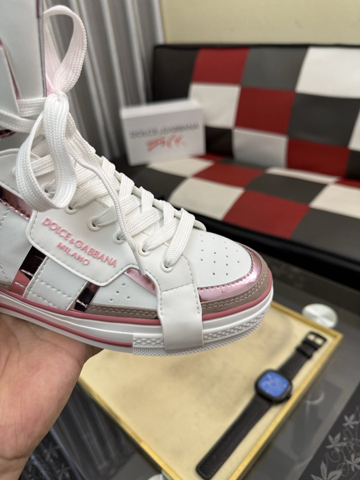 Dolce & Gabbana White and Pink High-Top Sneakers