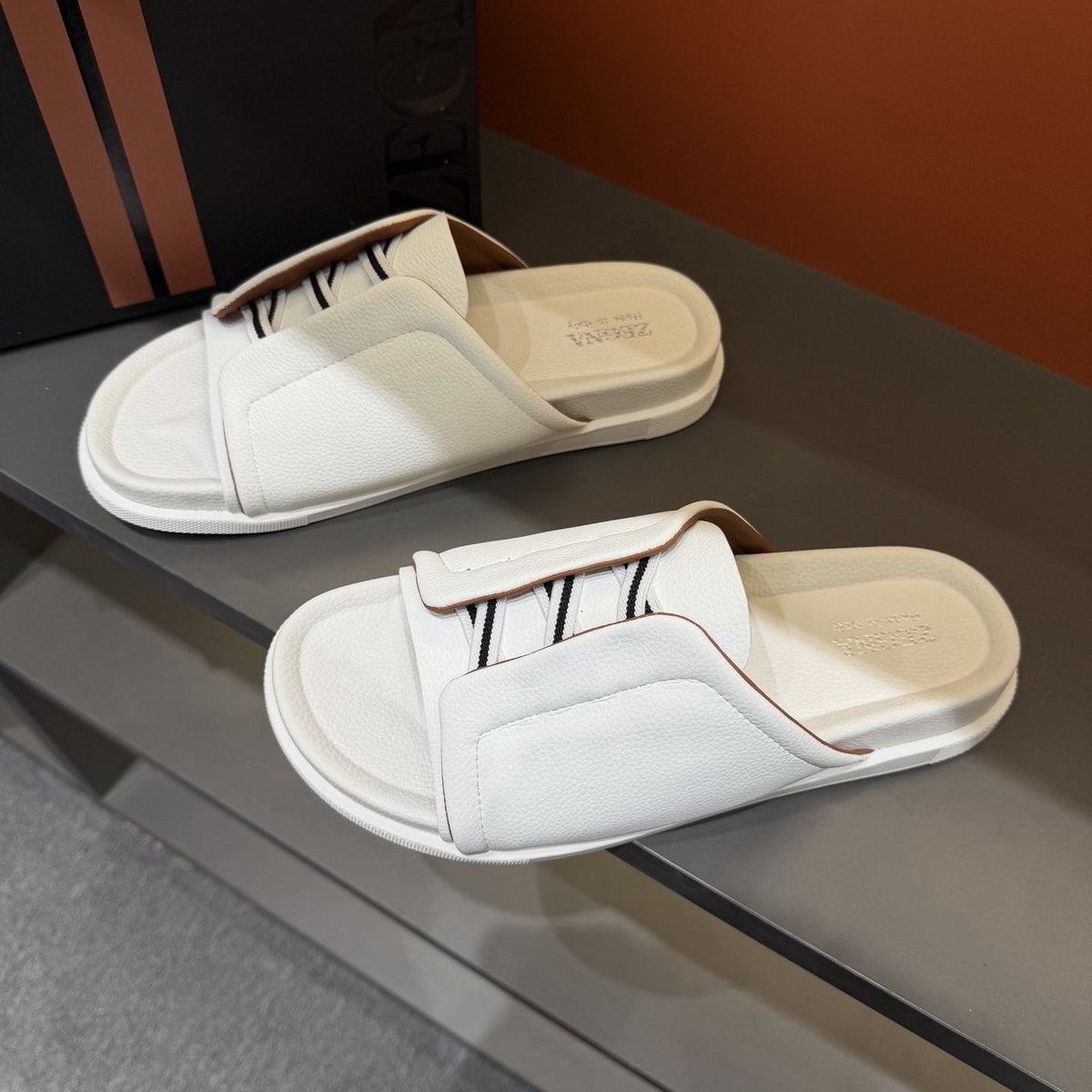 Zegna Men's White Striped Slide Sandals