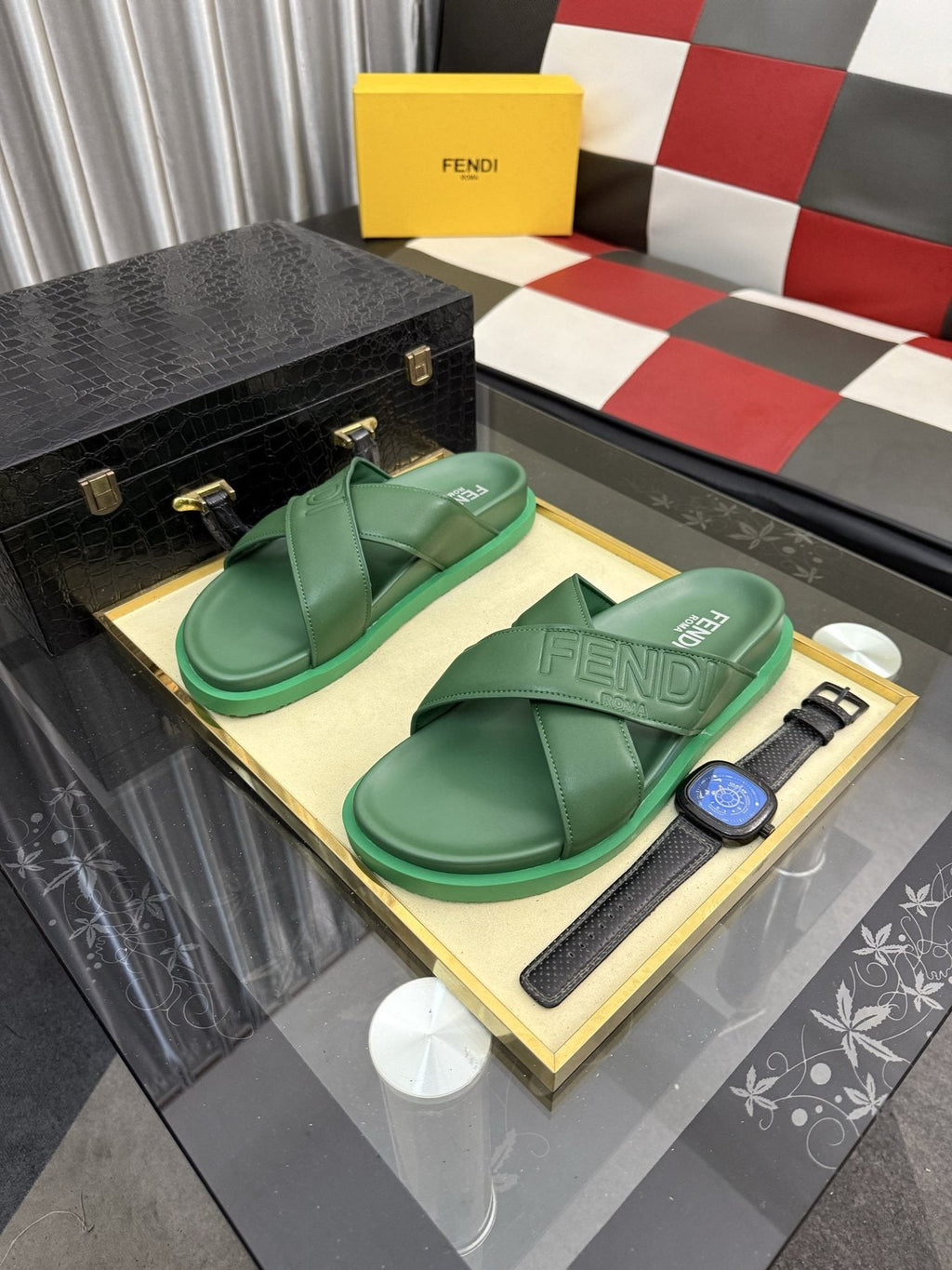 Fendi Embossed Cross-Strap Slide Sandals